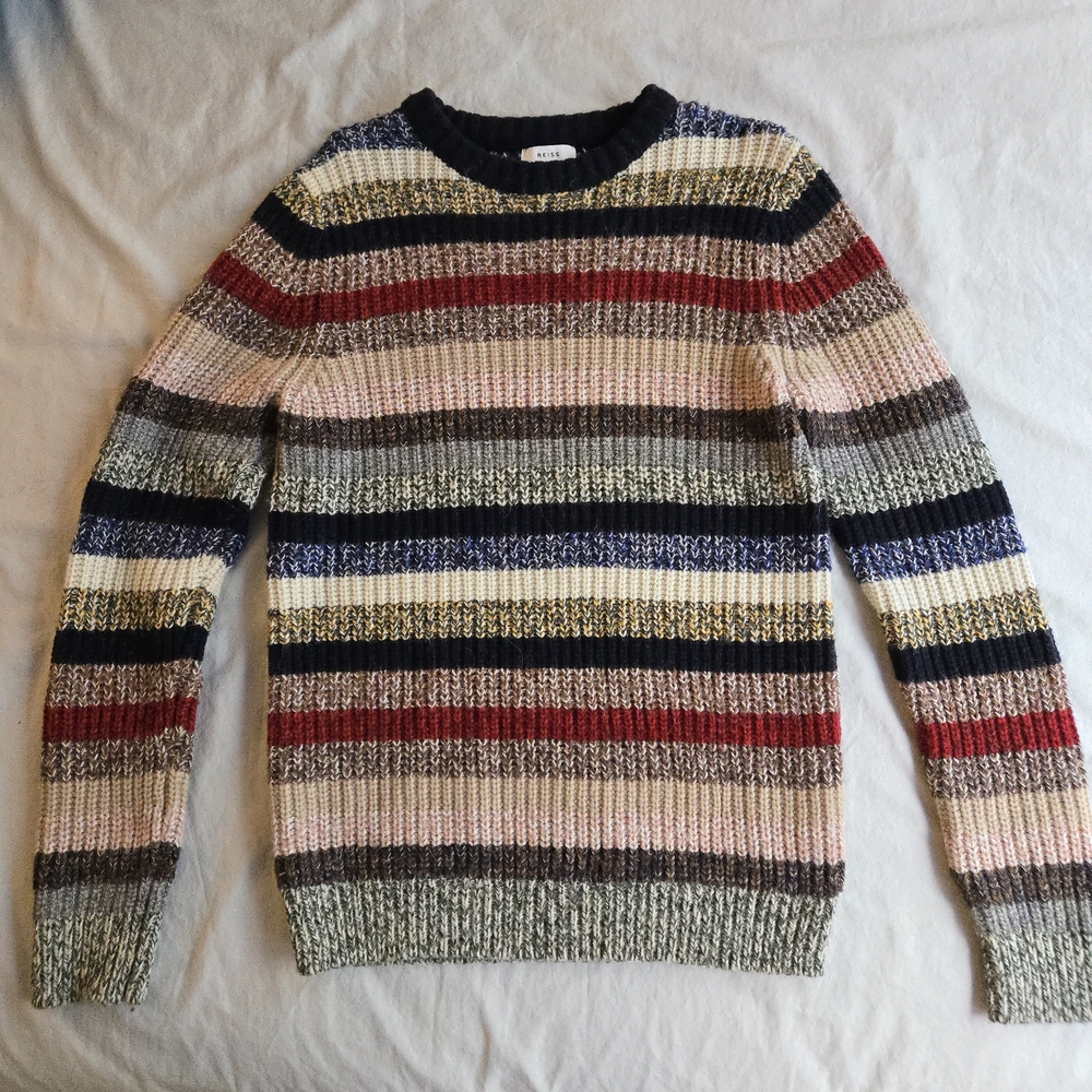 Reiss Multicolor Striped Cozy Crewneck Sweater Chunky Knit Wool Blend Winter